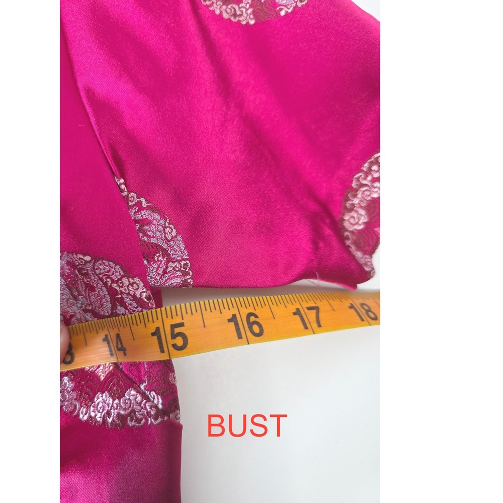 60s Vintage Fuchsia Pink Satin Cheongsam Qipao Dress Dragon Phoenix Brocade Midi - Picture 13 of 16